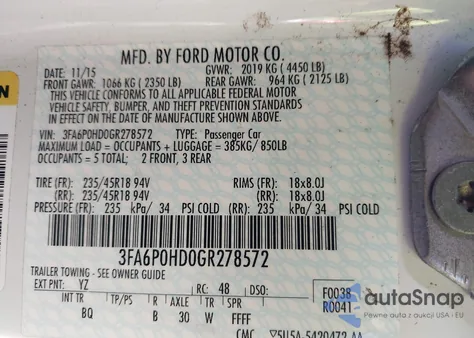 2016 Ford Fusion Se z USA, uszkodzony, nr VIN 3FA6P0HD0GR278572